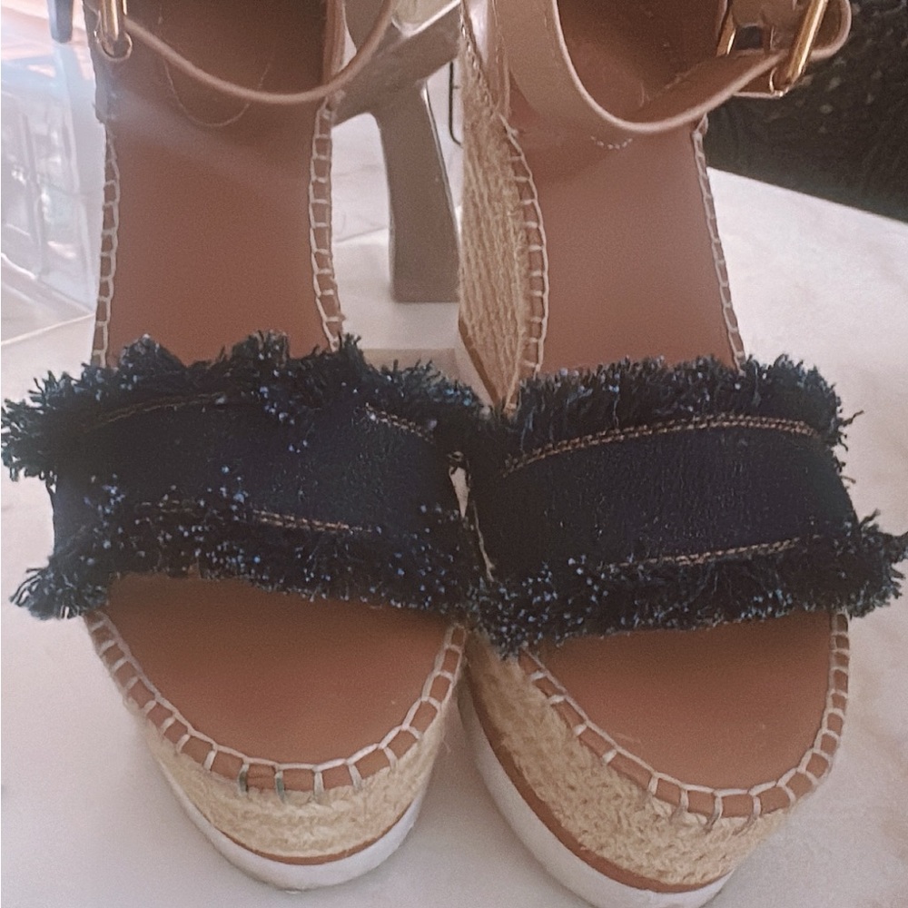See By Chloe Dark Blue Fringed Espadrille Wedges